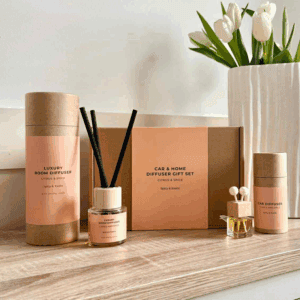 Luxury car and home fragrance gift set with citrus and spice scents for exotic aromatherapy.