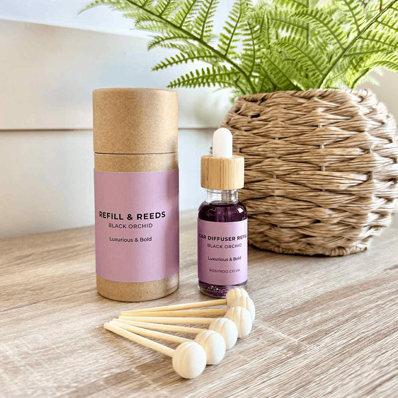 Refill and reeds black orchid luxury car fragrance, eco-friendly diffuser set.