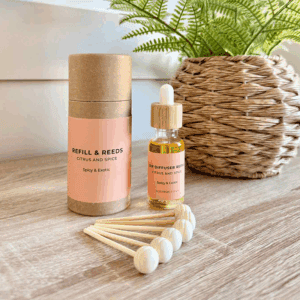 Refill & Reeds Citrus and Spice luxury car fragrance natural diffuser.