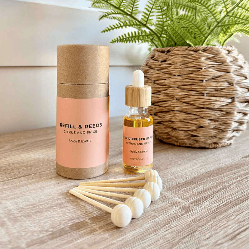 Refill & Reeds Citrus and Spice luxury car fragrance natural diffuser.