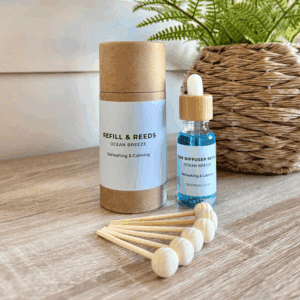 Refill and reeds for luxury car fragrance, Ocean Breeze scent, refreshing and calming, eco-friendly diffuser accessories.