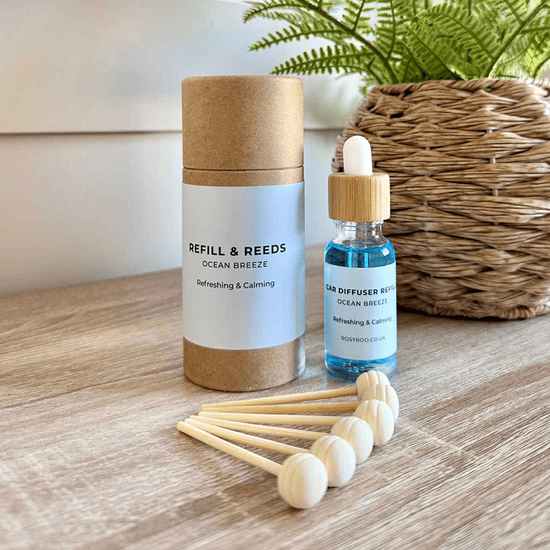 Refill and reeds for luxury car fragrance, Ocean Breeze scent, refreshing and calming, eco-friendly diffuser accessories.