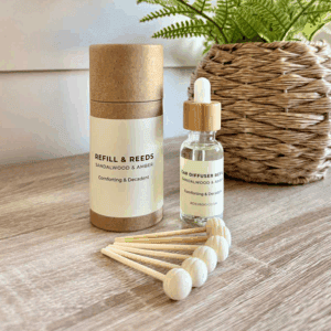 Refill & Reeds Car Diffuser Fragrance, sandalwood and amber, luxury car scent.