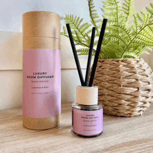 Luxury car fragrance, black orchid scent, diffuser with reed sticks, elegant room perfume, luxury decorative fragrance.