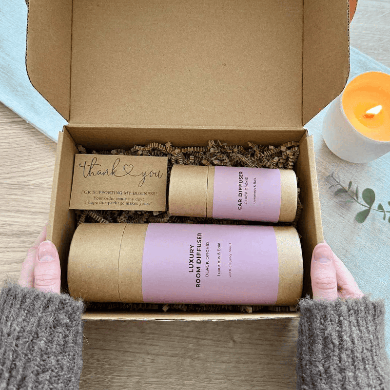 Luxury car fragrance gift set in eco-friendly packaging with dimpled diffuser and thank you note.
